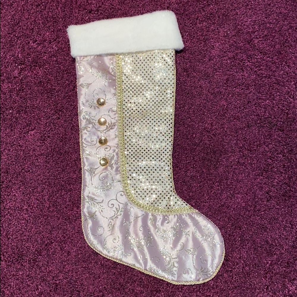 Pewter glitter sequin white fur Christmas stocking